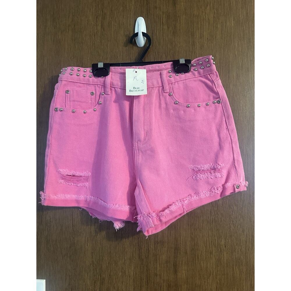 High-rise denim cutoff shorts in hot pink studded detailing size M Concert